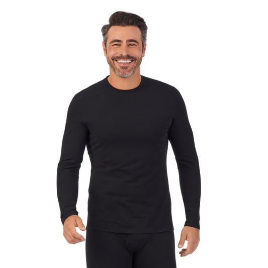 Black; Model is wearing size M. He is 6'2", Waist 32", Inseam 34". @A man wearing a black long sleeve crew