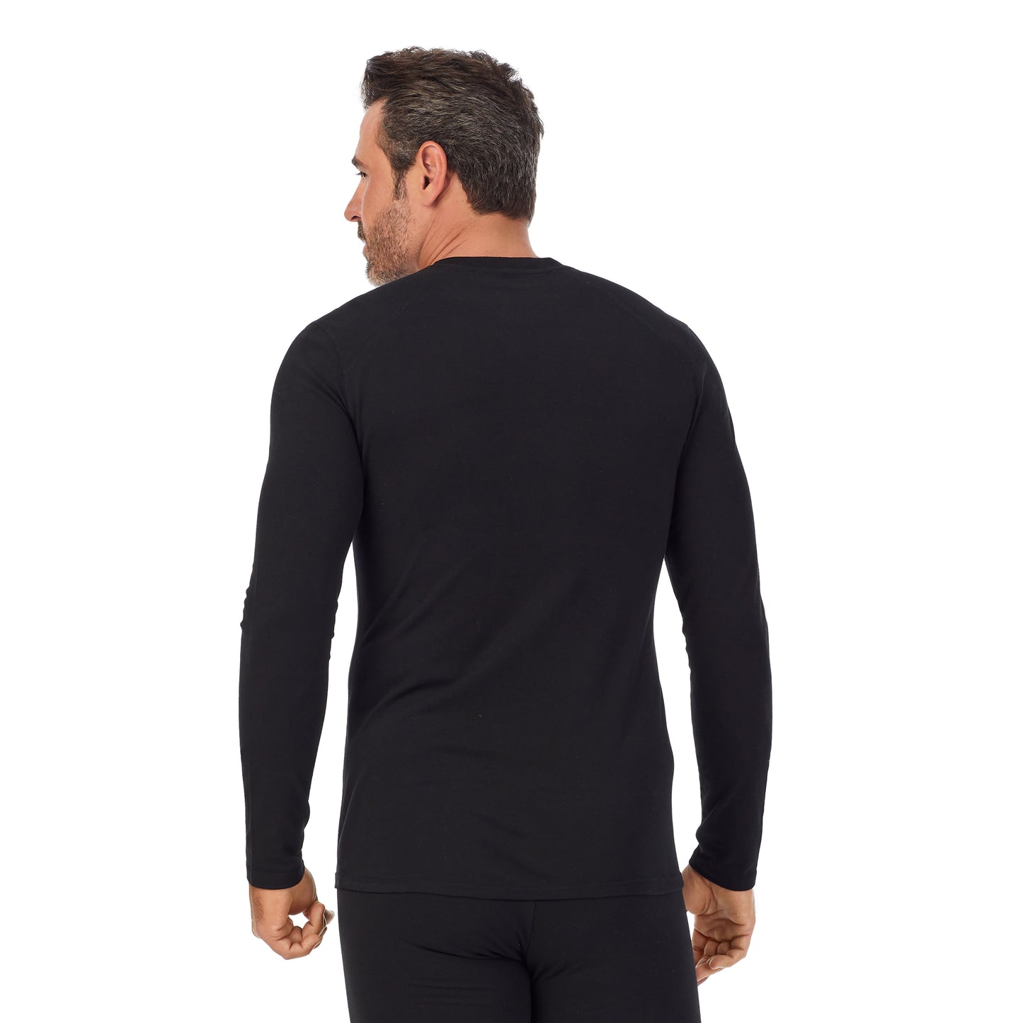 Black; Model is wearing size M. He is 6'2", Waist 32", Inseam 34". @A man wearing a black long sleeve crew
