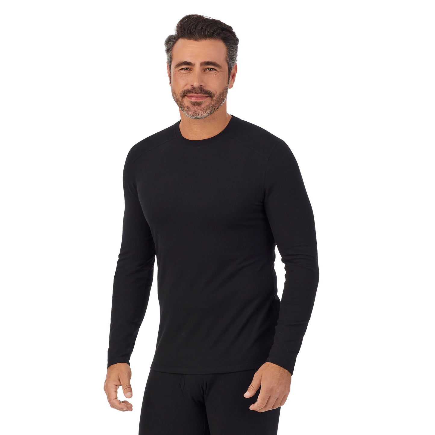 Black; Model is wearing size M. He is 6'2", Waist 32", Inseam 34". @A man wearing a black long sleeve crew