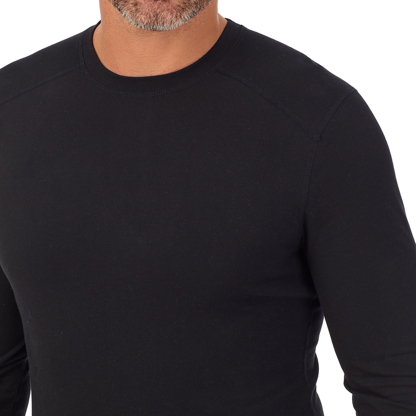 Black; Model is wearing size M. He is 6'2", Waist 32", Inseam 34". @A man wearing a black long sleeve crew
