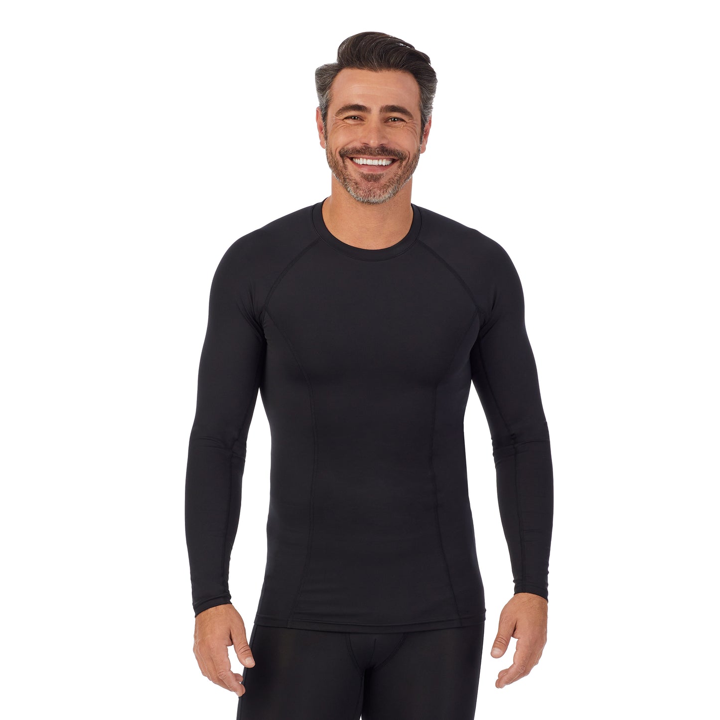 Black; Model is wearing size M. He is 6'2", Waist 32", Inseam 34". @A man wearing black Lite Compression Long Sleeve Crew