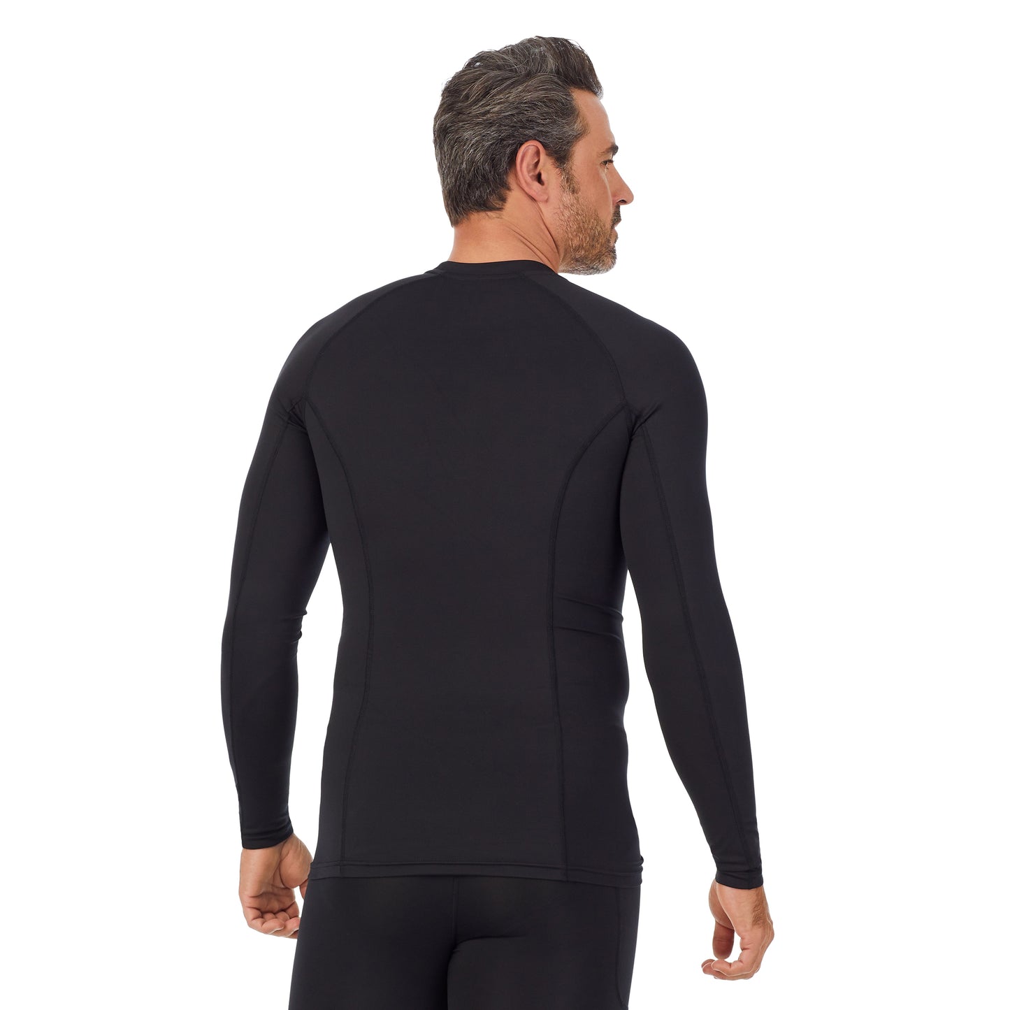 Black; Model is wearing size M. He is 6'2", Waist 32", Inseam 34". @A man wearing black Lite Compression Long Sleeve Crew