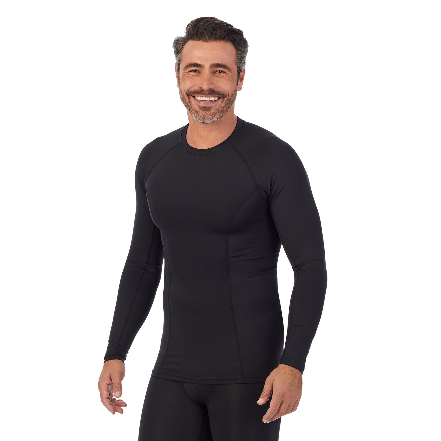 Black; Model is wearing size M. He is 6'2", Waist 32", Inseam 34". @A man wearing black Lite Compression Long Sleeve Crew