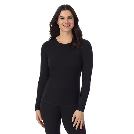 A Lady is wearing a Black Stretch Rib Long Sleeve Crew