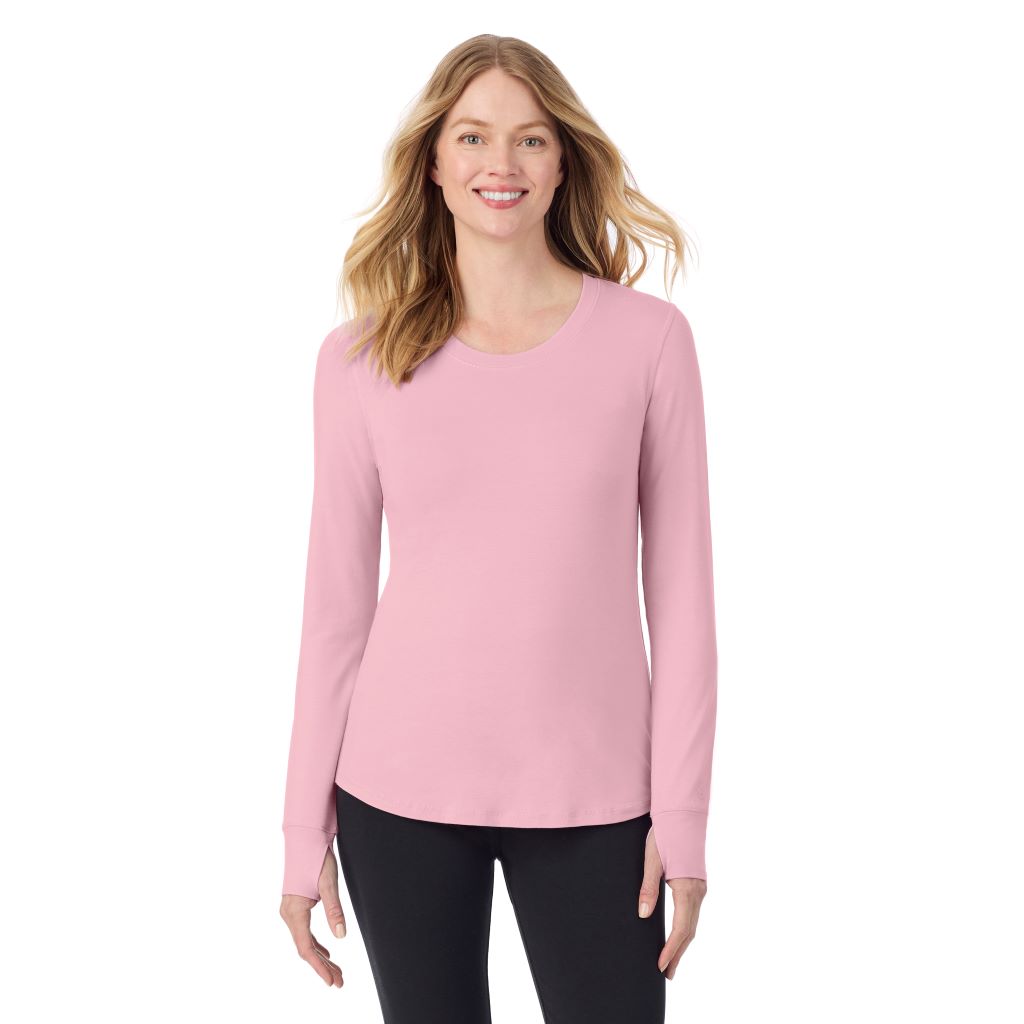 Mauve Mist; Model is wearing size S. She is 5'11", Bust 33", Waist 24", Hips 34".@A lady wearing Mauve Mist cottonwear long sleeve scoop neck