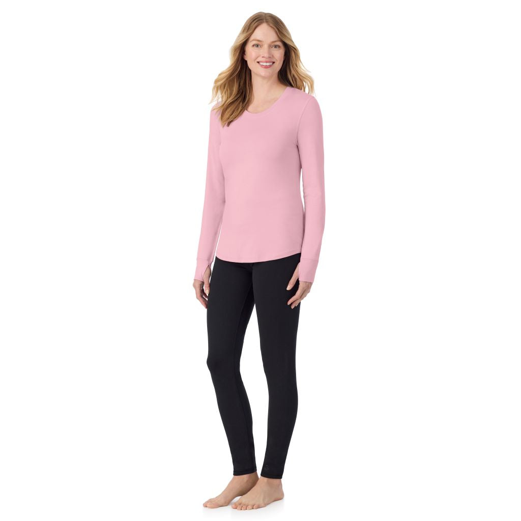 Mauve Mist; Model is wearing size S. She is 5'11", Bust 33", Waist 24", Hips 34".@A lady wearing Mauve Mist cottonwear long sleeve scoop neck