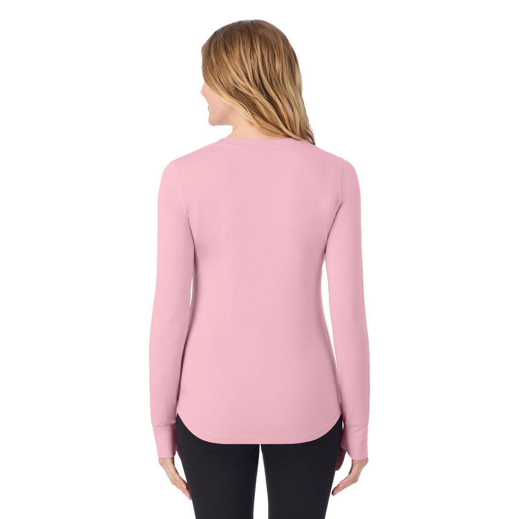 Mauve Mist; Model is wearing size S. She is 5'11", Bust 33", Waist 24", Hips 34".@A lady wearing Mauve Mist cottonwear long sleeve scoop neck