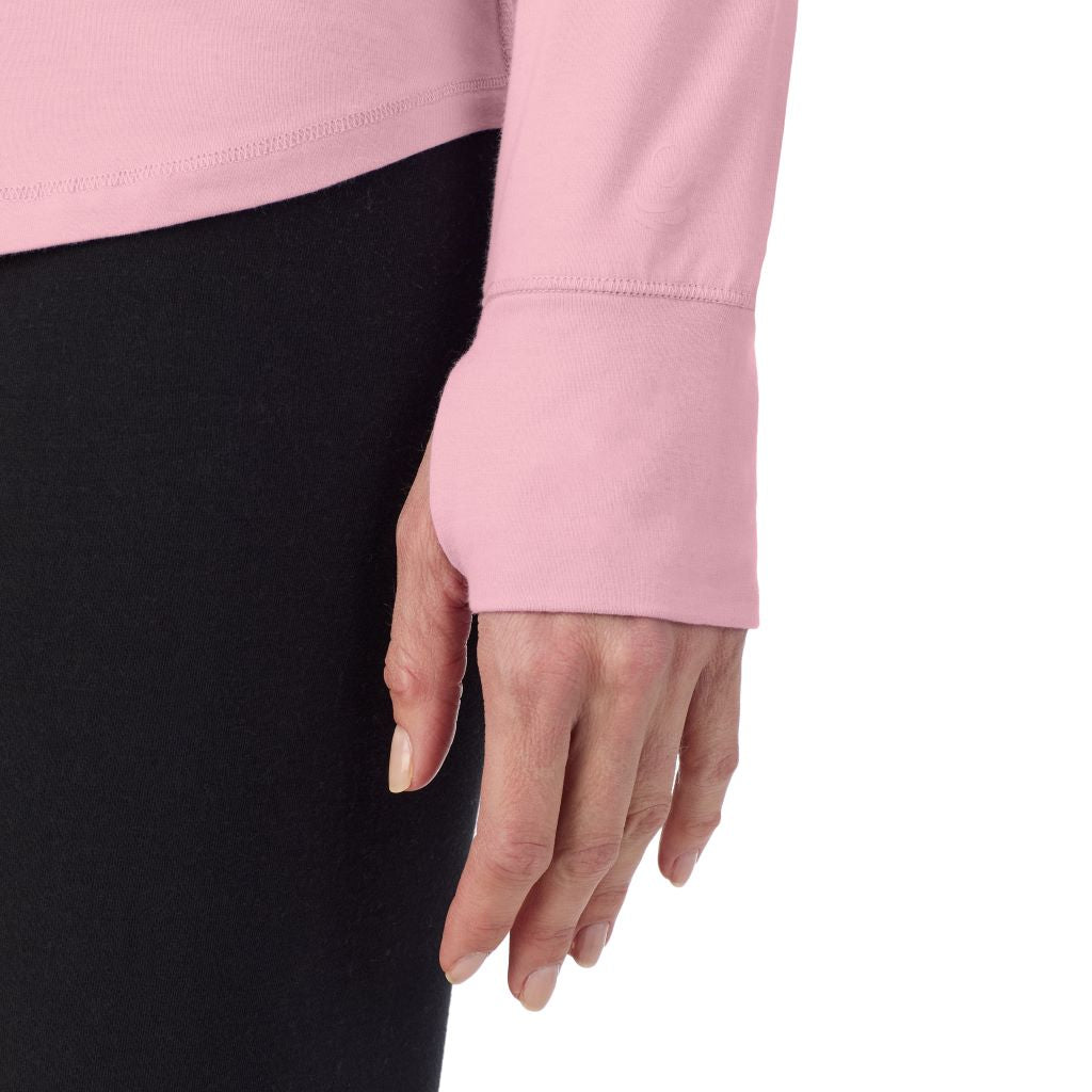 Mauve Mist; Model is wearing size S. She is 5'11", Bust 33", Waist 24", Hips 34".@A lady wearing Mauve Mist cottonwear long sleeve scoop neck