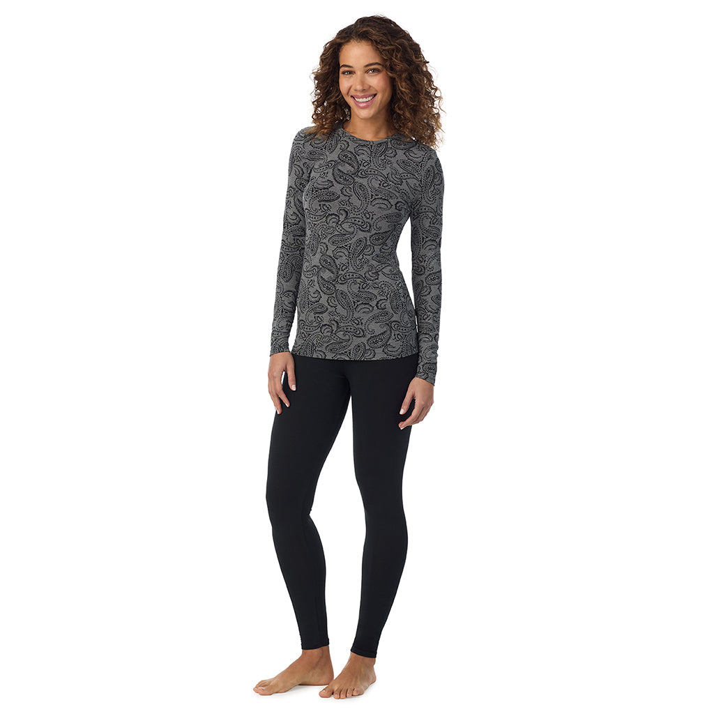 Charcoal Heather Paisley; Model is wearing size S. She is 5’9”, Bust 34”, Waist 23”, Hips 35”. @A lady wearing charcoal heather paisley longsleeve crew.