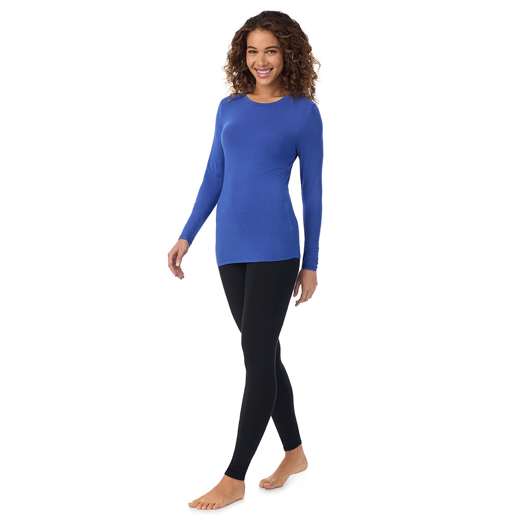 Dazzling Blue; Model is wearing size S. She is 5’9”, Bust 34”, Waist 23”, Hips 35”. @A lady wearing dazzling blue longsleeve crew.
