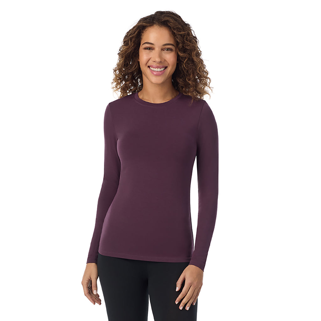 Boysenberry; Model is wearing size S. She is 5’9”, Bust 34”, Waist 23”, Hips 35”. @A lady wearing boysenberry longsleeve crew.