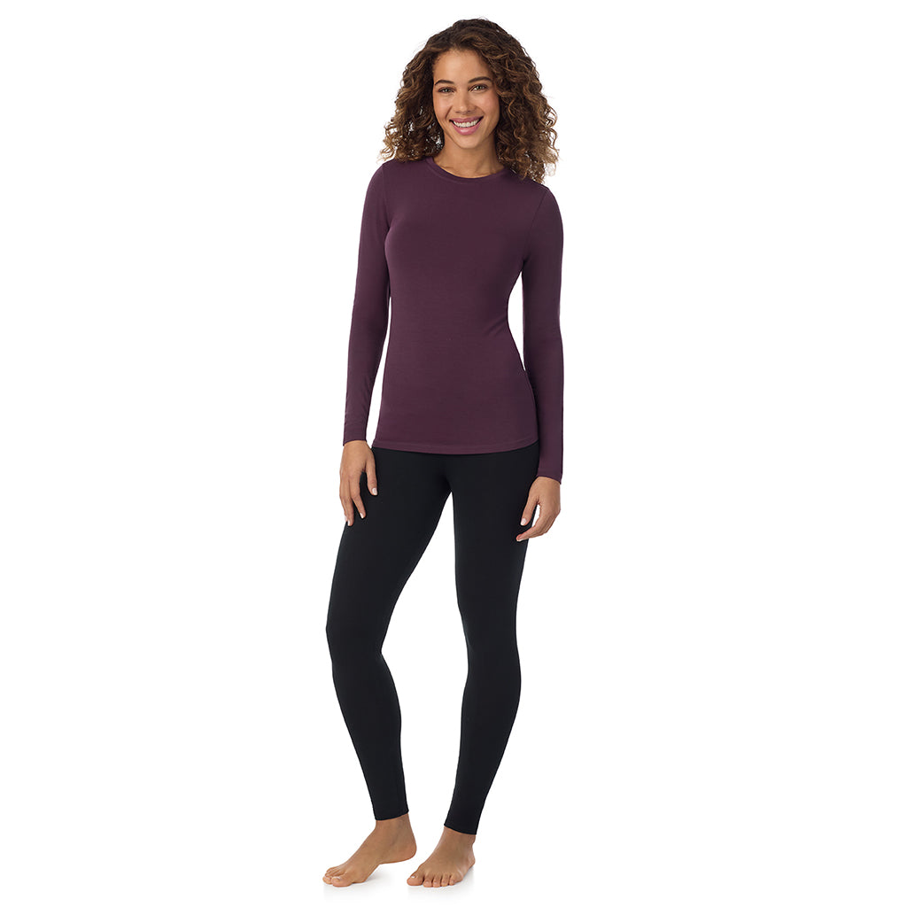 Boysenberry; Model is wearing size S. She is 5’9”, Bust 34”, Waist 23”, Hips 35”. @A lady wearing boysenberry longsleeve crew.