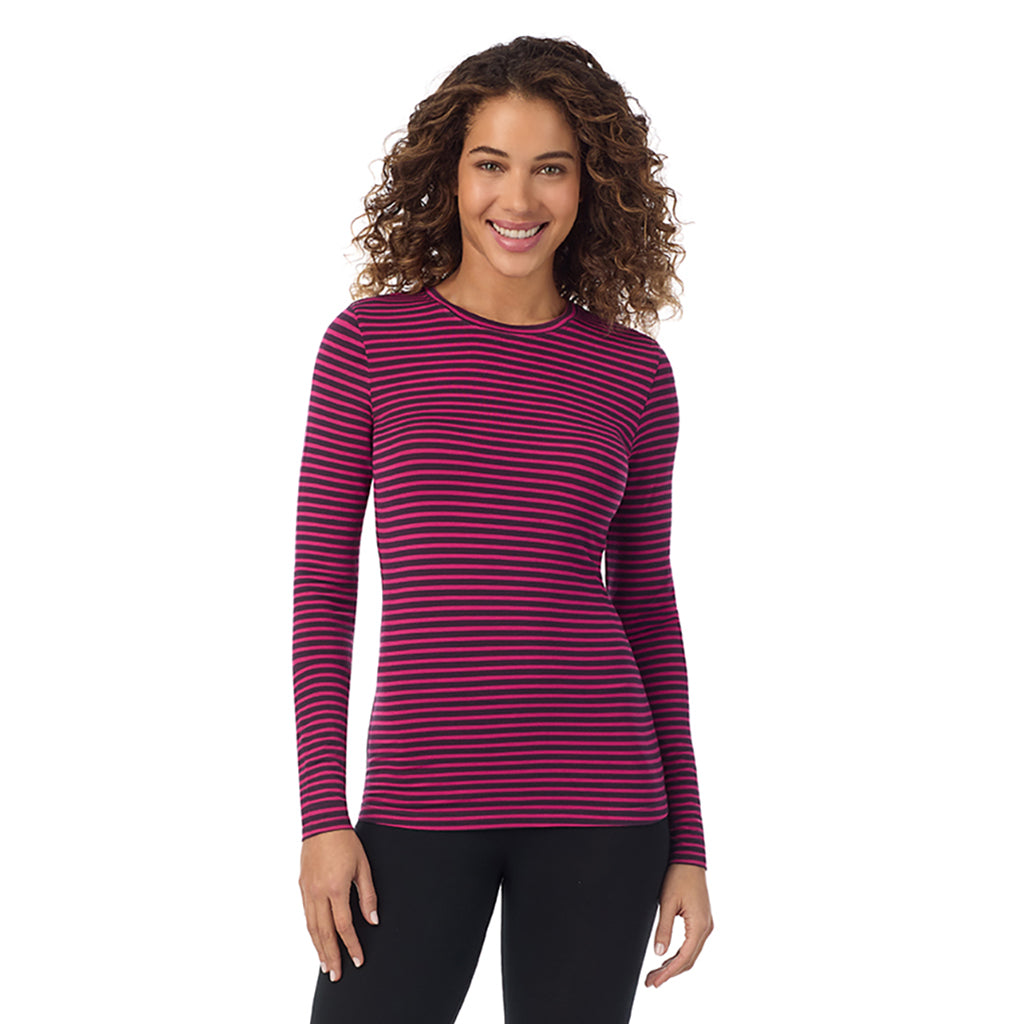 Fuchsia Stripe; Model is wearing size S. She is 5’9”, Bust 34”, Waist 23”, Hips 35”. @A lady wearing Fuchsia stripe longsleeve crew.