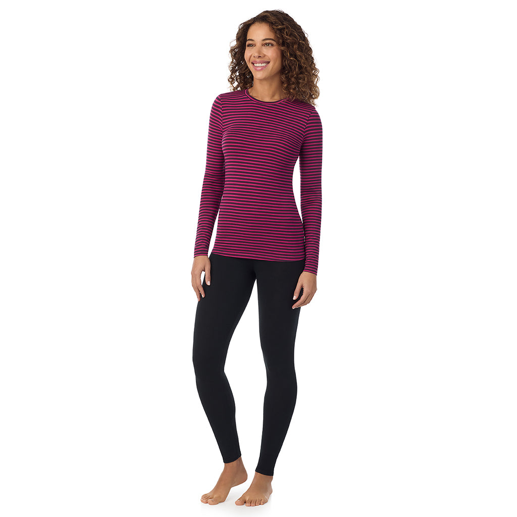 Fuchsia Stripe; Model is wearing size S. She is 5’9”, Bust 34”, Waist 23”, Hips 35”. @A lady wearing Fuchsia stripe longsleeve crew.