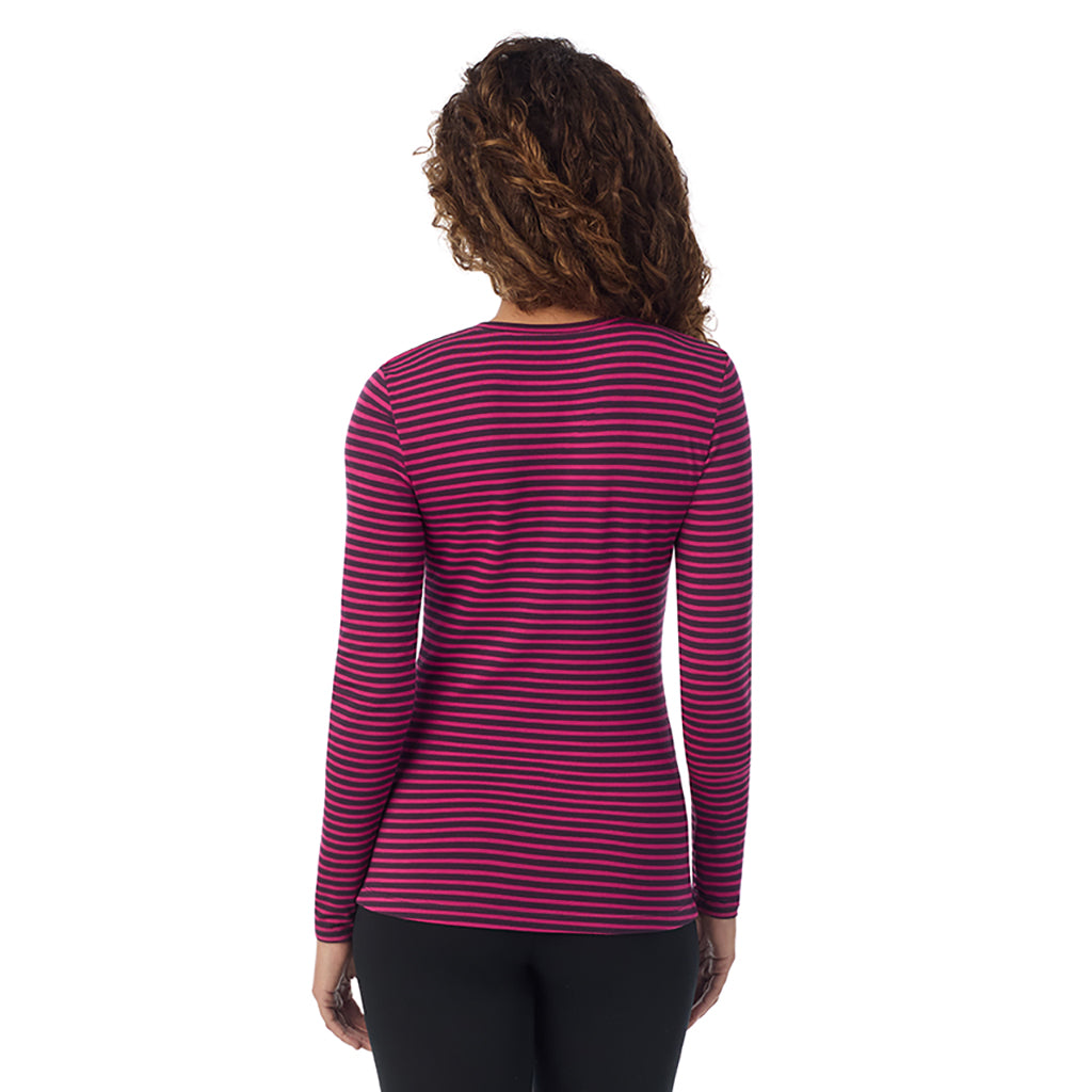 Fuchsia Stripe; Model is wearing size S. She is 5’9”, Bust 34”, Waist 23”, Hips 35”. @A lady wearing Fuchsia stripe longsleeve crew.