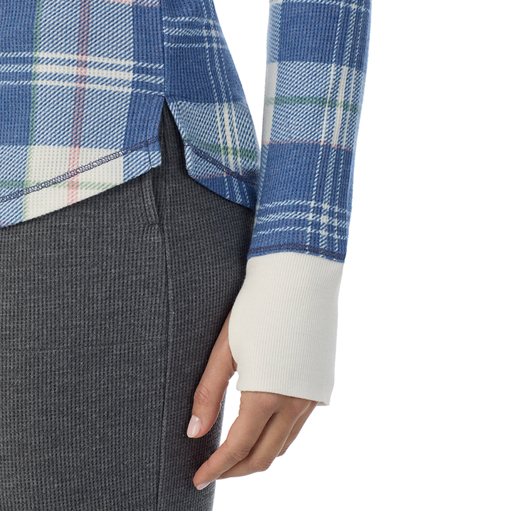 Blue Plaid; Model is wearing size S. She is 5’9”, Bust 34”, Waist 23”, Hips 35”@ A Lady is wearing Blue Plaid Cozy Stretch Thermal Long Sleeve Crew
