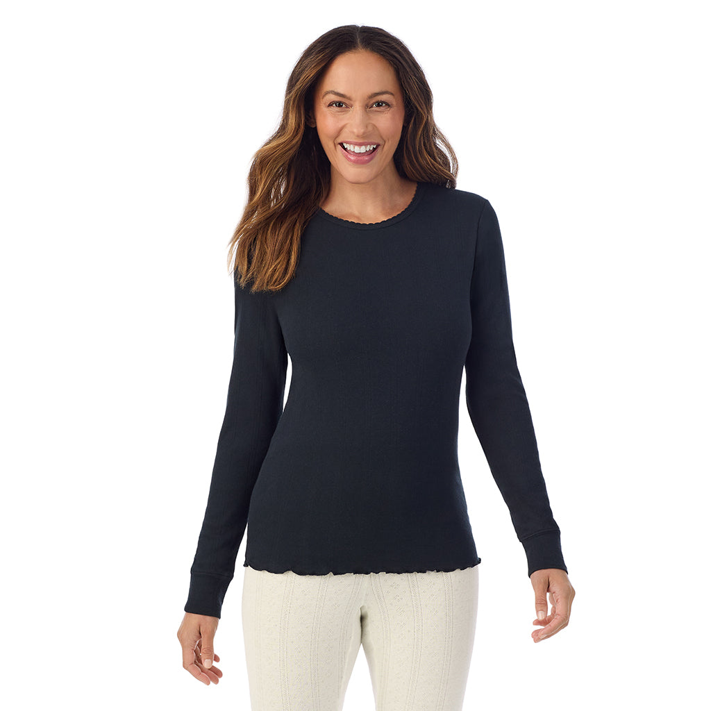 Black;Model is wearing size S. She is 5'8", Bust 34", Waist 24.5", Hips 35".@A lady is wearing Cotton Pointelle Long Sleeve Crew