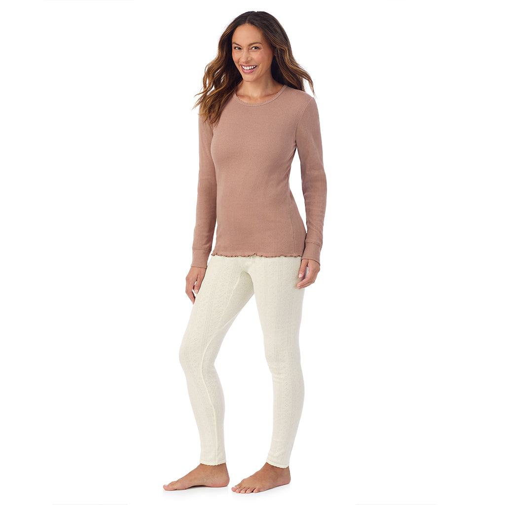 Walnut Taupe;Model is wearing size S. She is 5'8", Bust 34", Waist 24.5", Hips 35".@A lady is wearing Cotton Pointelle Long Sleeve Crew