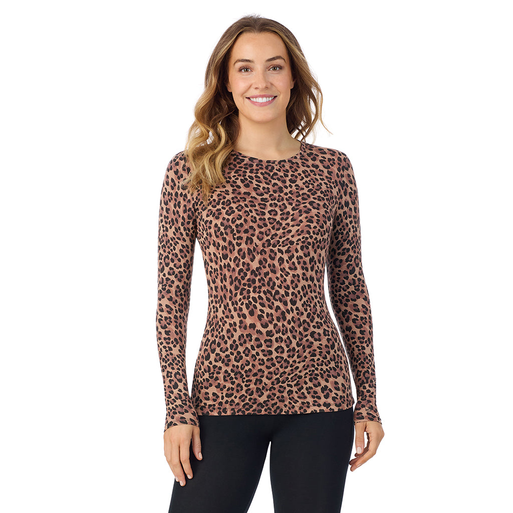 Taupe Leopard; Model is wearing size S. She is 5'11.5", Bust 34", Waist 26", Hips 37". @A lady wearing a taupe leopard long sleeve stretch crew.