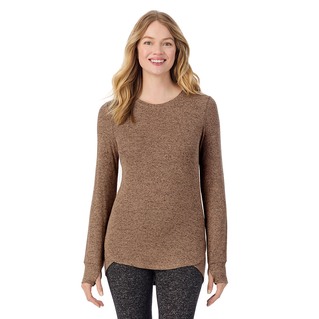 Marled Walnut Taupe; Model is wearing size S. She is 5'11", Bust 33", Waist 24", Hips 34".@ A Lady is wearing Marled Walnut Taupe Soft Knit Long Sleeve Crew