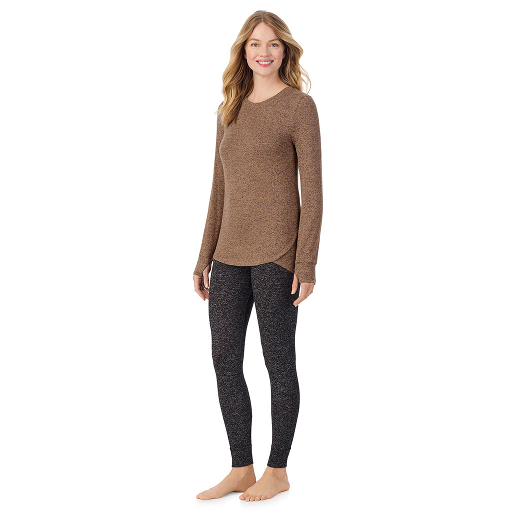 Marled Walnut Taupe; Model is wearing size S. She is 5'11", Bust 33", Waist 24", Hips 34".@ A Lady is wearing Marled Walnut Taupe Soft Knit Long Sleeve Crew