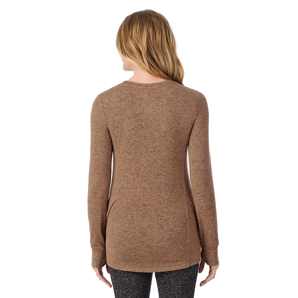 Marled Walnut Taupe; Model is wearing size S. She is 5'11", Bust 33", Waist 24", Hips 34".@ A Lady is wearing Marled Walnut Taupe Soft Knit Long Sleeve Crew