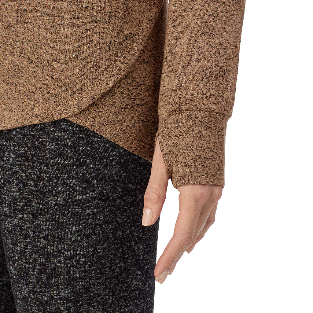 Marled Walnut Taupe; Model is wearing size S. She is 5'11", Bust 33", Waist 24", Hips 34".@ A Lady is wearing Marled Walnut Taupe Soft Knit Long Sleeve Crew