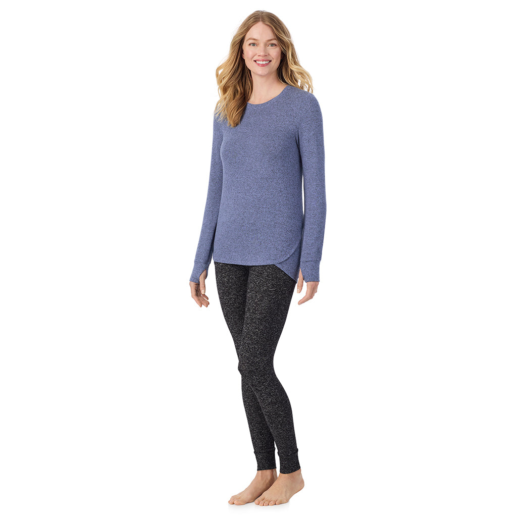 Marled Velvet Blue; Model is wearing size S. She is 5'11", Bust 33", Waist 24", Hips 34".@ A Lady is wearing Marled Velvet Blue Soft Knit Long Sleeve Crew