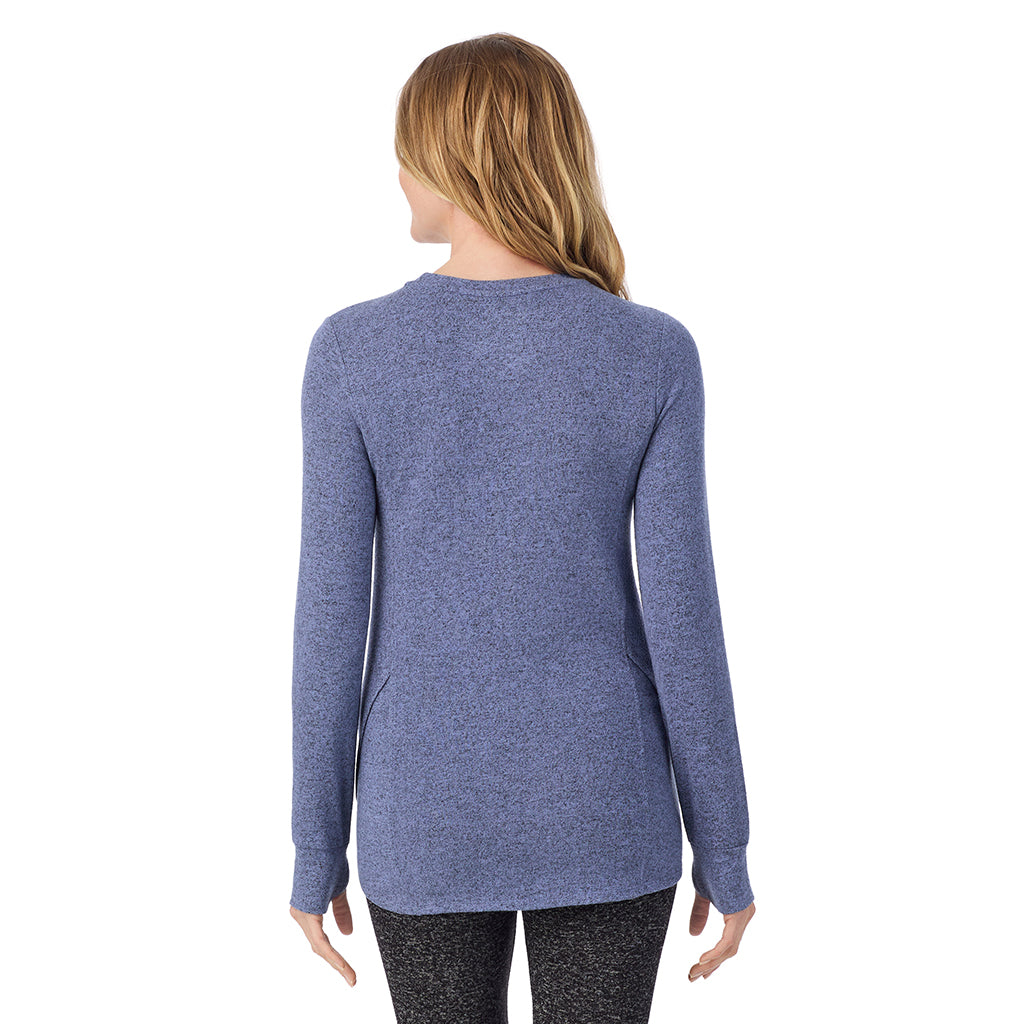 Marled Velvet Blue; Model is wearing size S. She is 5'11", Bust 33", Waist 24", Hips 34".@ A Lady is wearing Marled Velvet Blue Soft Knit Long Sleeve Crew
