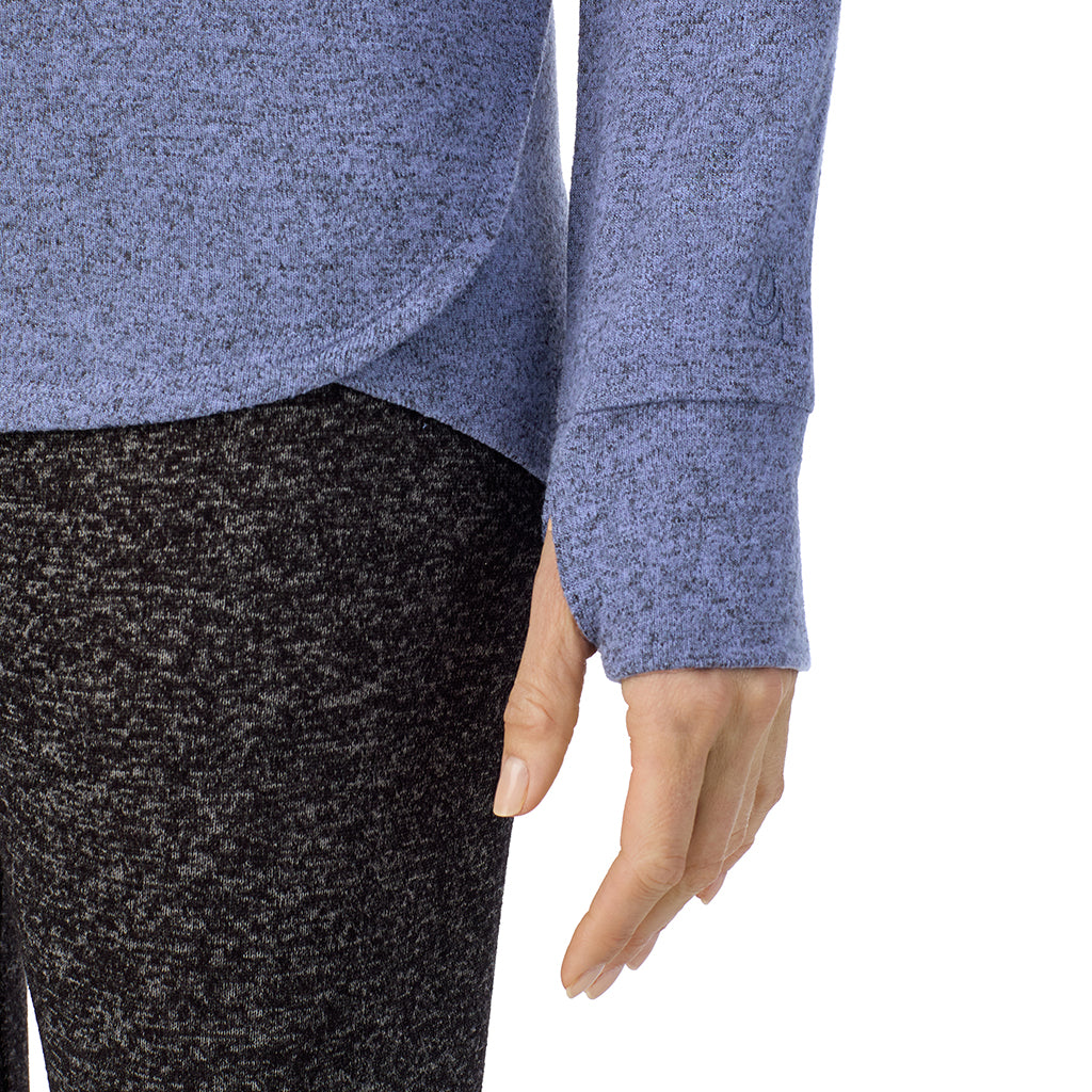 Marled Velvet Blue; Model is wearing size S. She is 5'11", Bust 33", Waist 24", Hips 34".@ A Lady is wearing Marled Velvet Blue Soft Knit Long Sleeve Crew