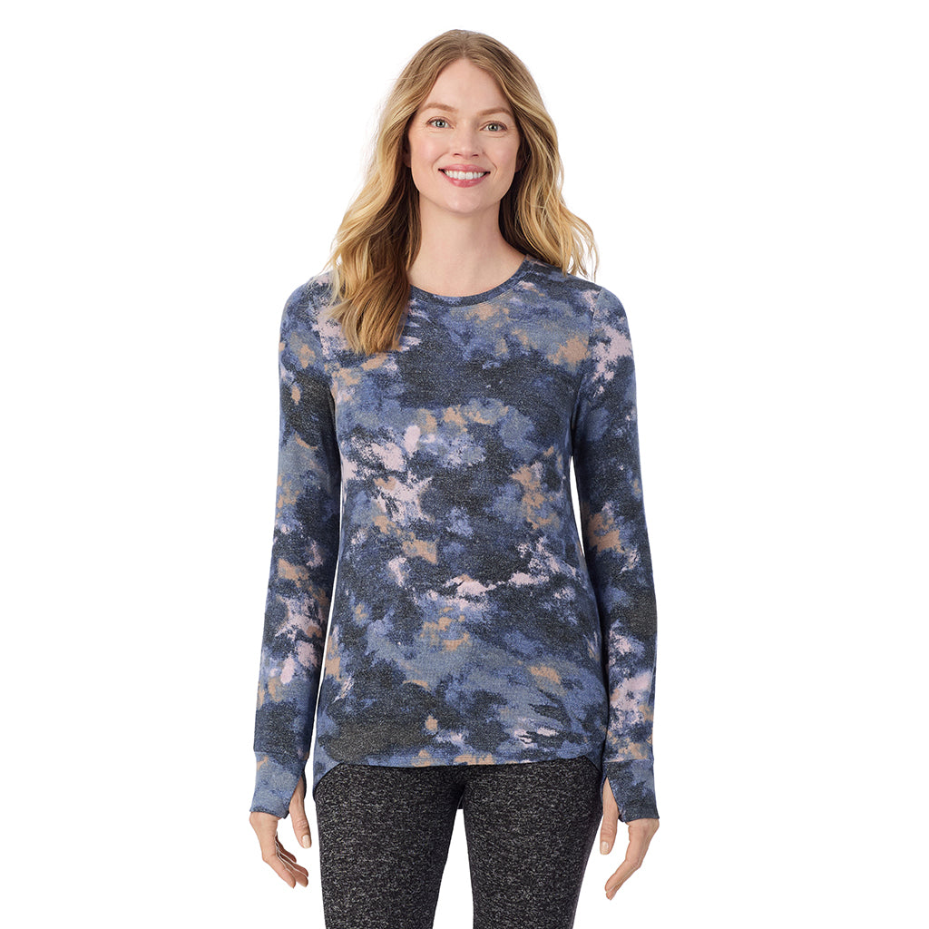 Multi Blue Texture; Model is wearing size S. She is 5'11", Bust 33", Waist 24", Hips 34".@ A Lady is wearing Multi Blue Texture Soft Knit Long Sleeve Crew
