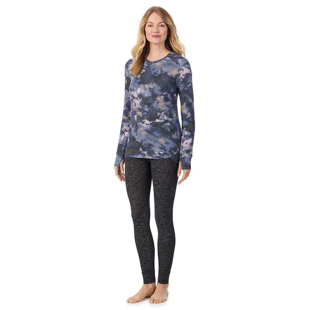 Multi Blue Texture; Model is wearing size S. She is 5'11", Bust 33", Waist 24", Hips 34".@ A Lady is wearing Multi Blue Texture Soft Knit Long Sleeve Crew