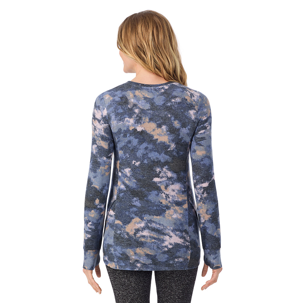 Multi Blue Texture; Model is wearing size S. She is 5'11", Bust 33", Waist 24", Hips 34".@ A Lady is wearing Multi Blue Texture Soft Knit Long Sleeve Crew