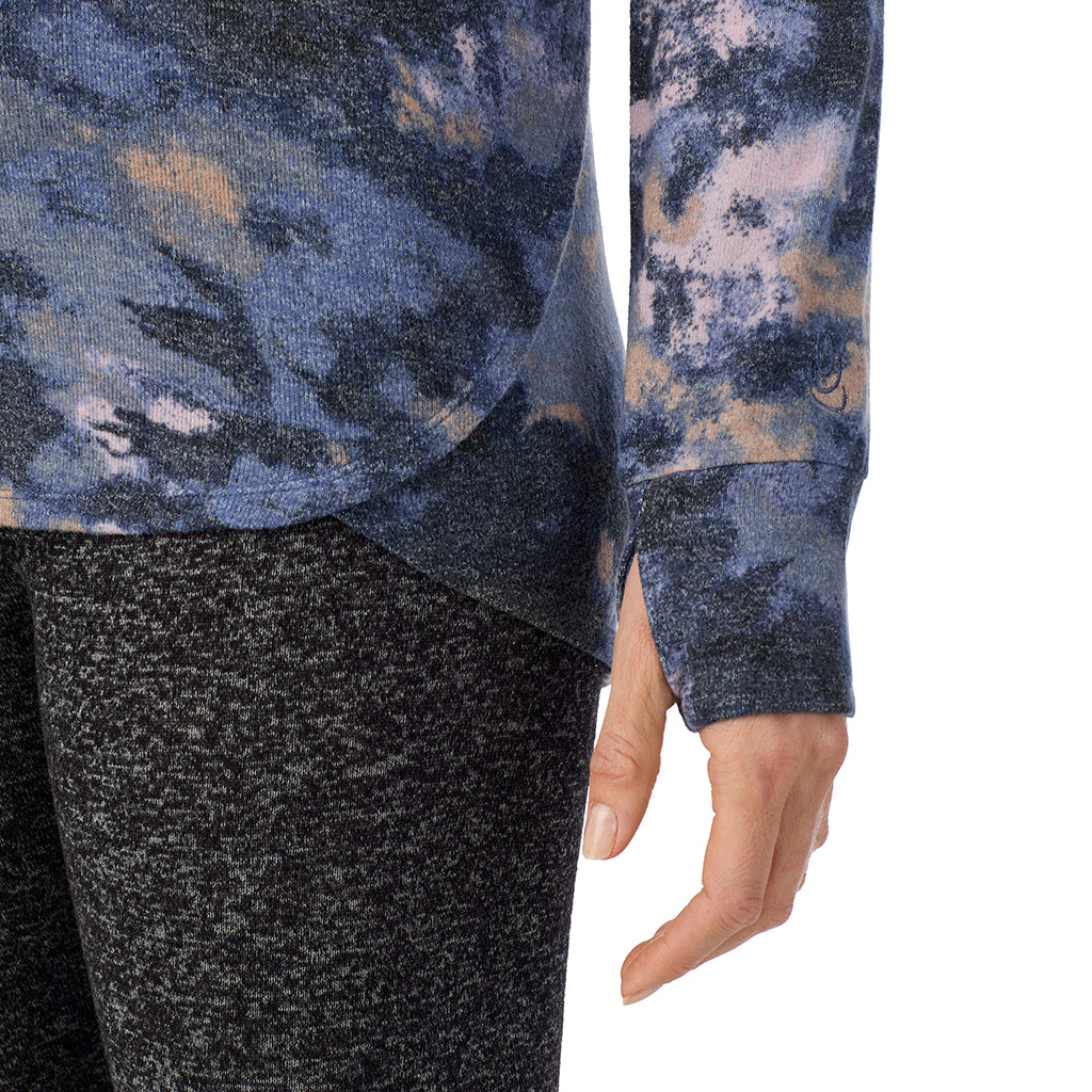 Multi Blue Texture; Model is wearing size S. She is 5'11", Bust 33", Waist 24", Hips 34".@ A Lady is wearing Multi Blue Texture Soft Knit Long Sleeve Crew