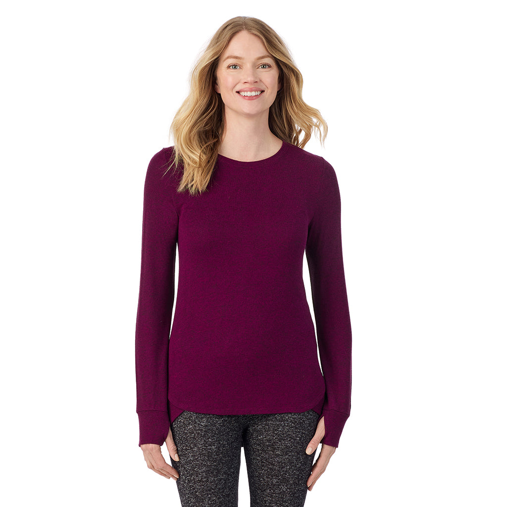 Marled Dark Purple; Model is wearing size S. She is 5'11", Bust 33", Waist 24", Hips 34".@ A Lady is wearing Marled Dark Purple Soft Knit Long Sleeve Crew
