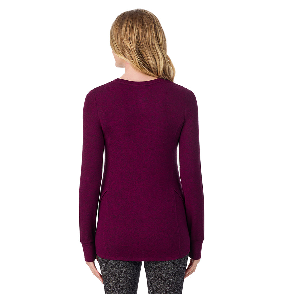 Marled Dark Purple; Model is wearing size S. She is 5'11", Bust 33", Waist 24", Hips 34".@ A Lady is wearing Marled Dark Purple Soft Knit Long Sleeve Crew