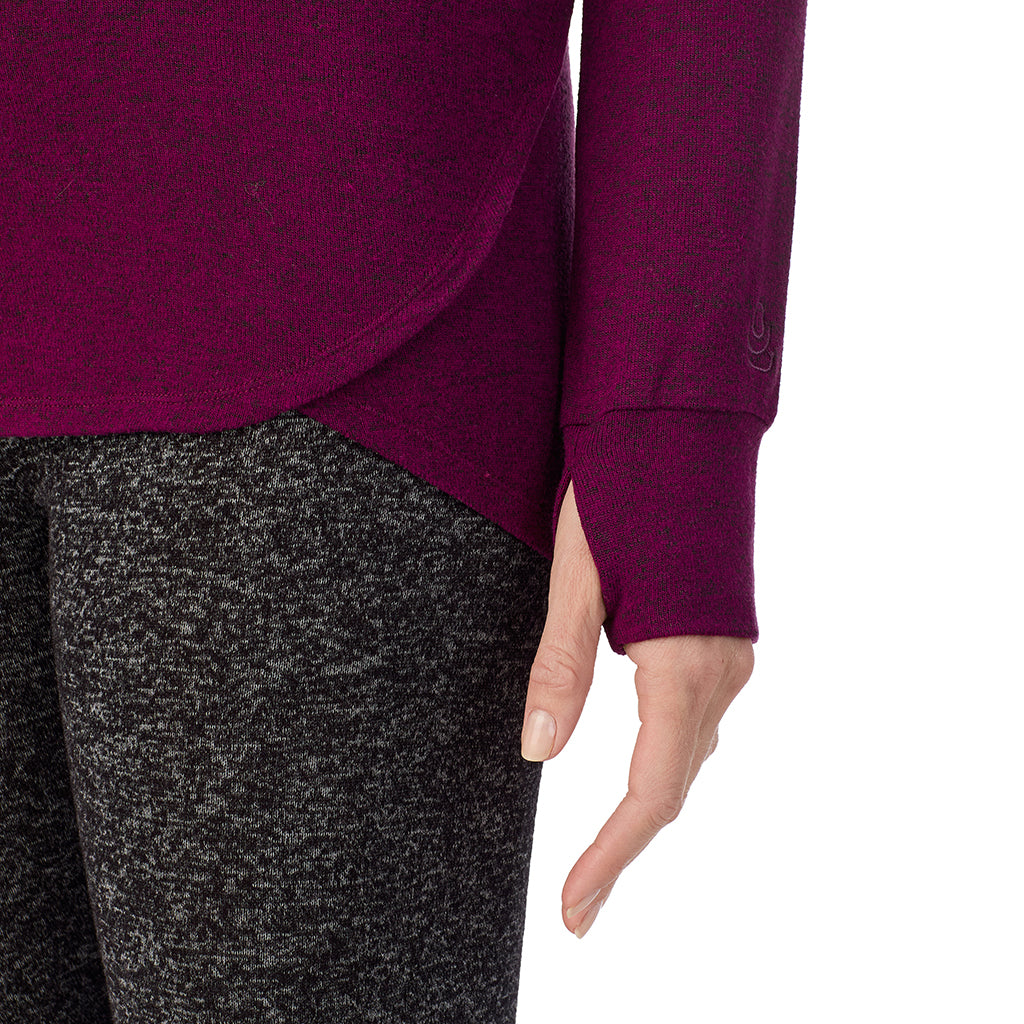 Marled Dark Purple; Model is wearing size S. She is 5'11", Bust 33", Waist 24", Hips 34".@ A Lady is wearing Marled Dark Purple Soft Knit Long Sleeve Crew