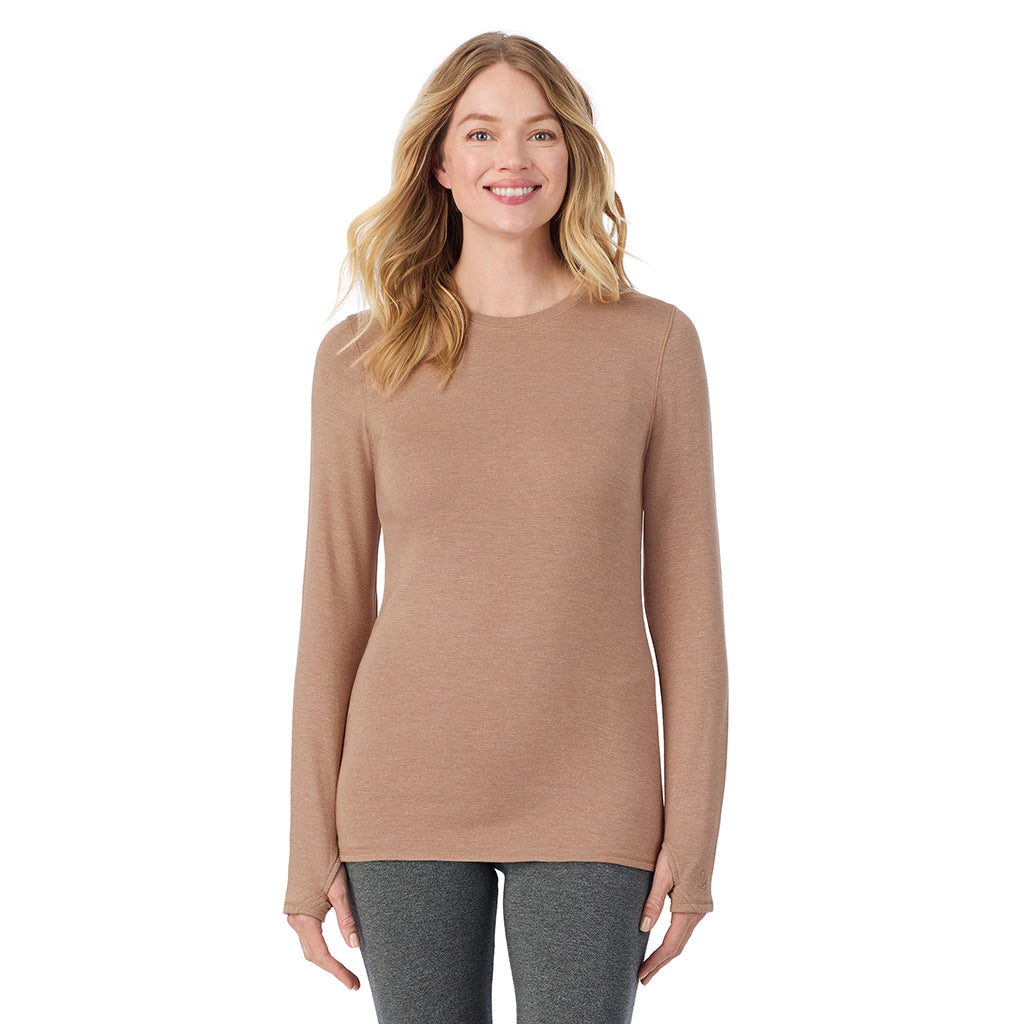 Walnut Taupe Heather; Model is wearing size S. She is 5'11", Bust 33", Waist 24", Hips 34".@ A Lady is wearing Ultra Cozy Long Sleeve Crew