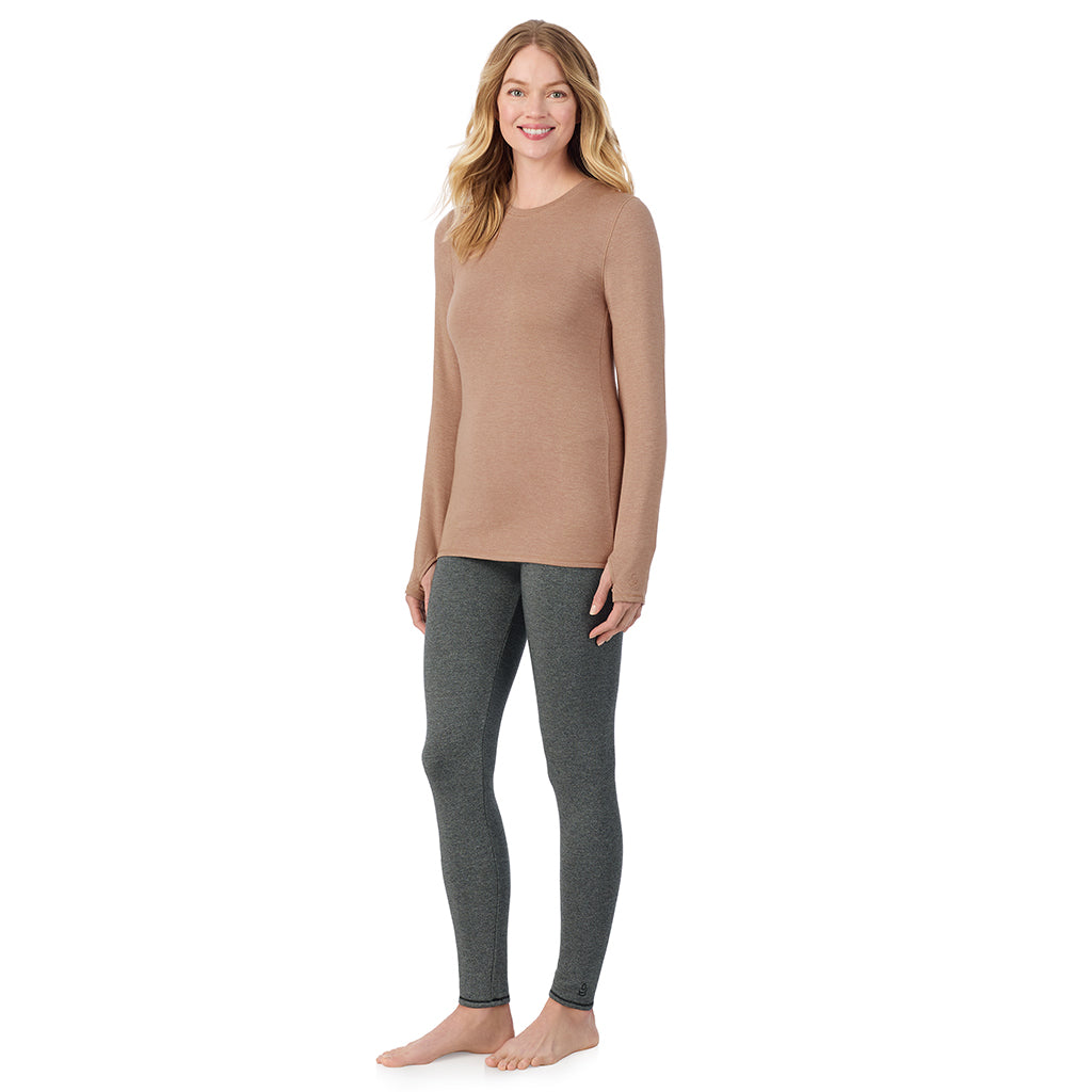 Walnut Taupe Heather; Model is wearing size S. She is 5'11", Bust 33", Waist 24", Hips 34".@ A Lady is wearing Ultra Cozy Long Sleeve Crew