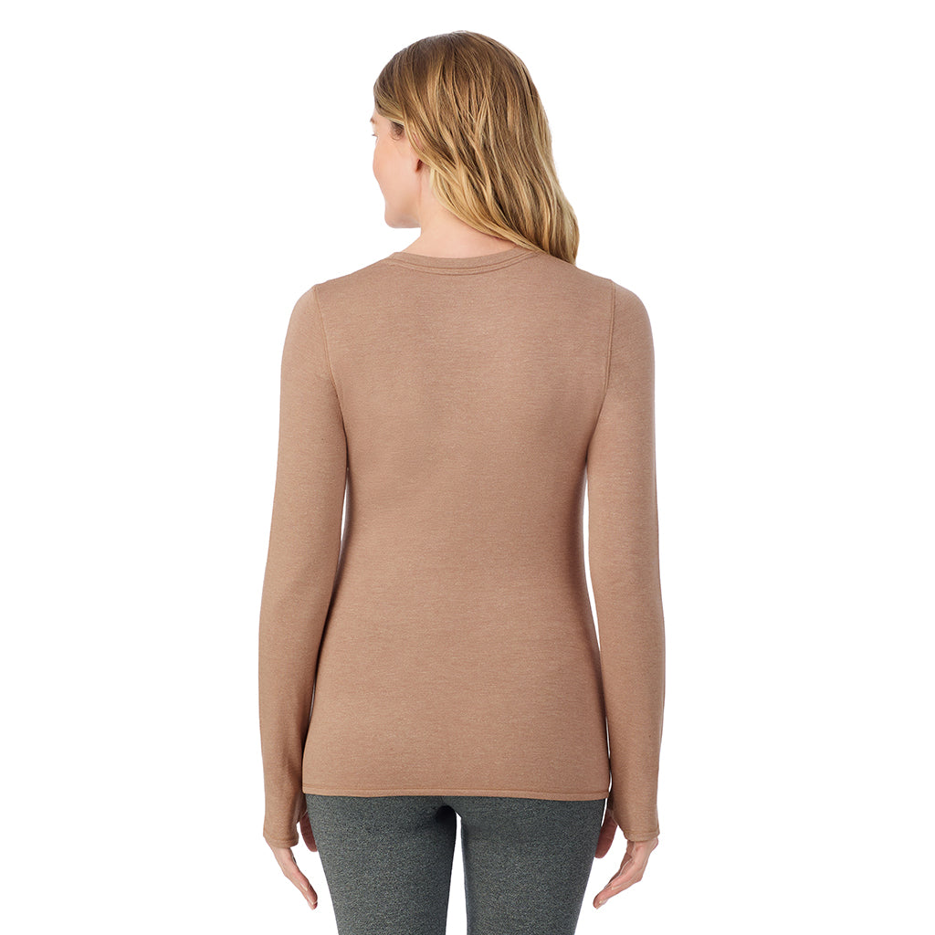 Walnut Taupe Heather; Model is wearing size S. She is 5'11", Bust 33", Waist 24", Hips 34".@ A Lady is wearing Ultra Cozy Long Sleeve Crew