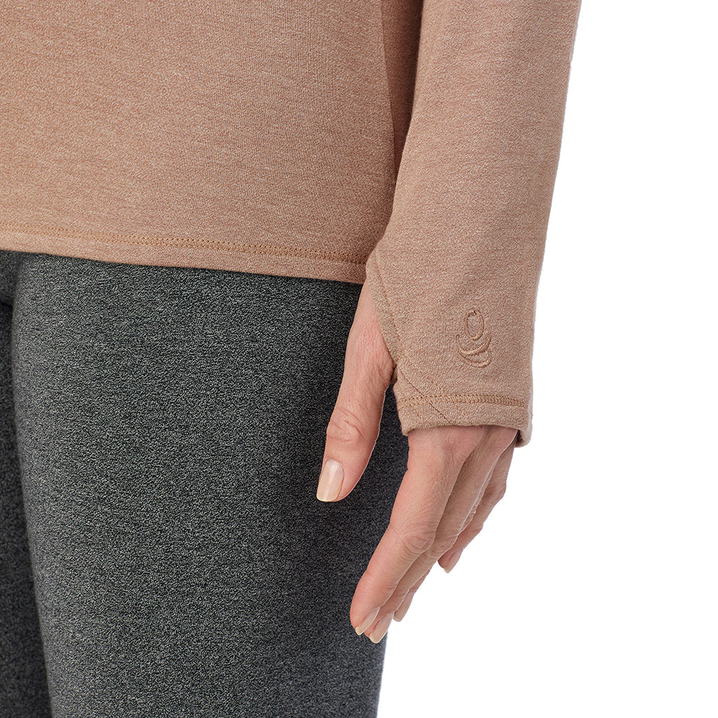 Walnut Taupe Heather; Model is wearing size S. She is 5'11", Bust 33", Waist 24", Hips 34".@ A Lady is wearing Ultra Cozy Long Sleeve Crew
