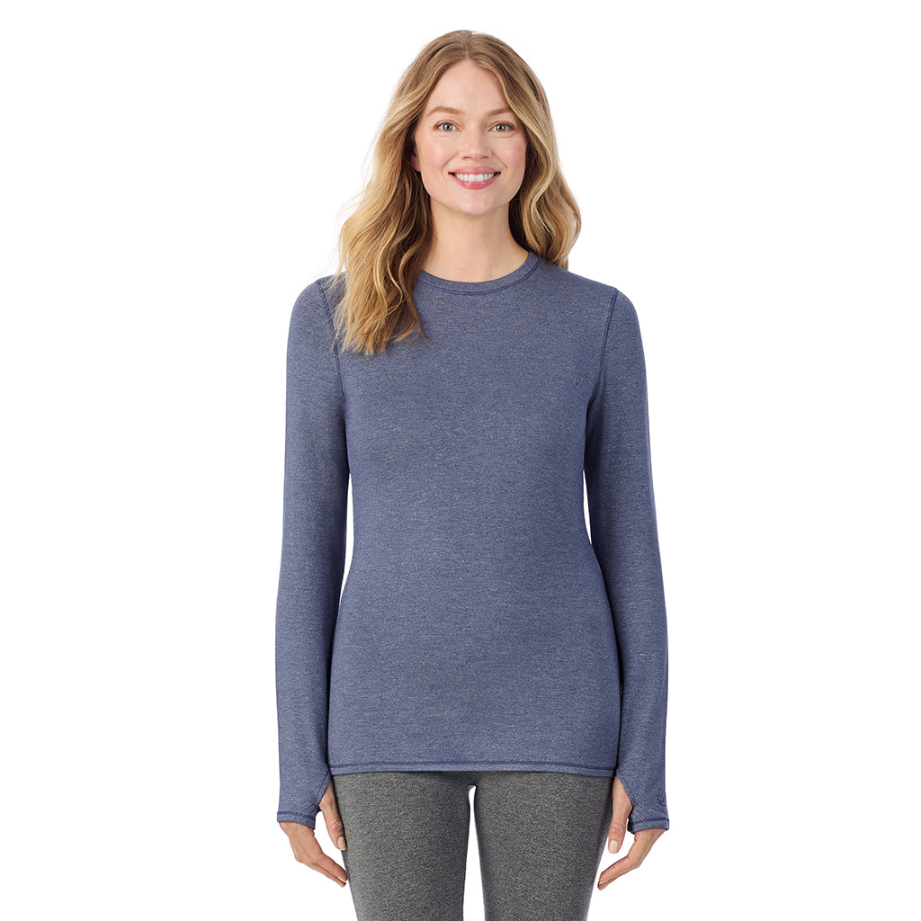 Twilight Blue Heather; Model is wearing size S. She is 5'11", Bust 33", Waist 24", Hips 34".@ A Lady is wearing Ultra Cozy Long Sleeve Crew