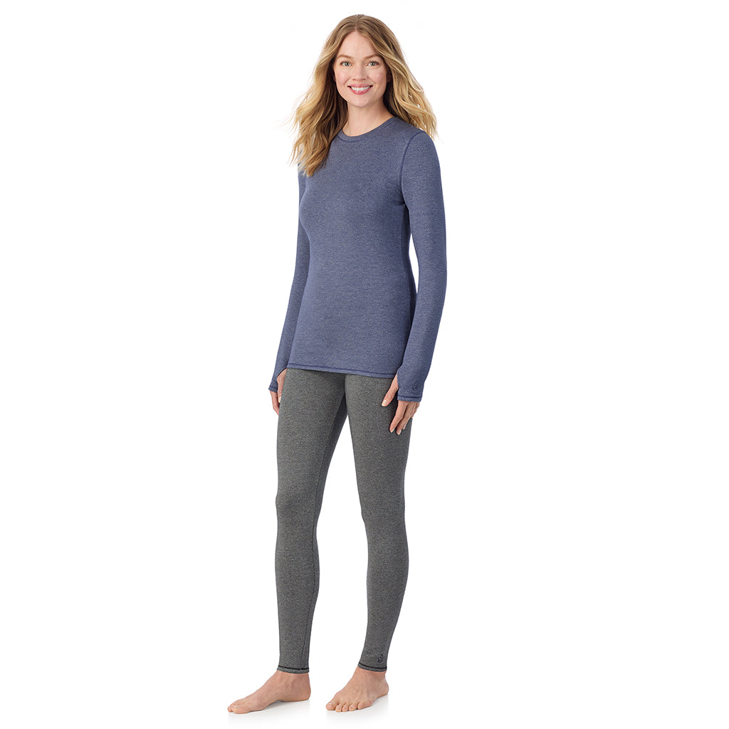 Twilight Blue Heather; Model is wearing size S. She is 5'11", Bust 33", Waist 24", Hips 34".@ A Lady is wearing Ultra Cozy Long Sleeve Crew