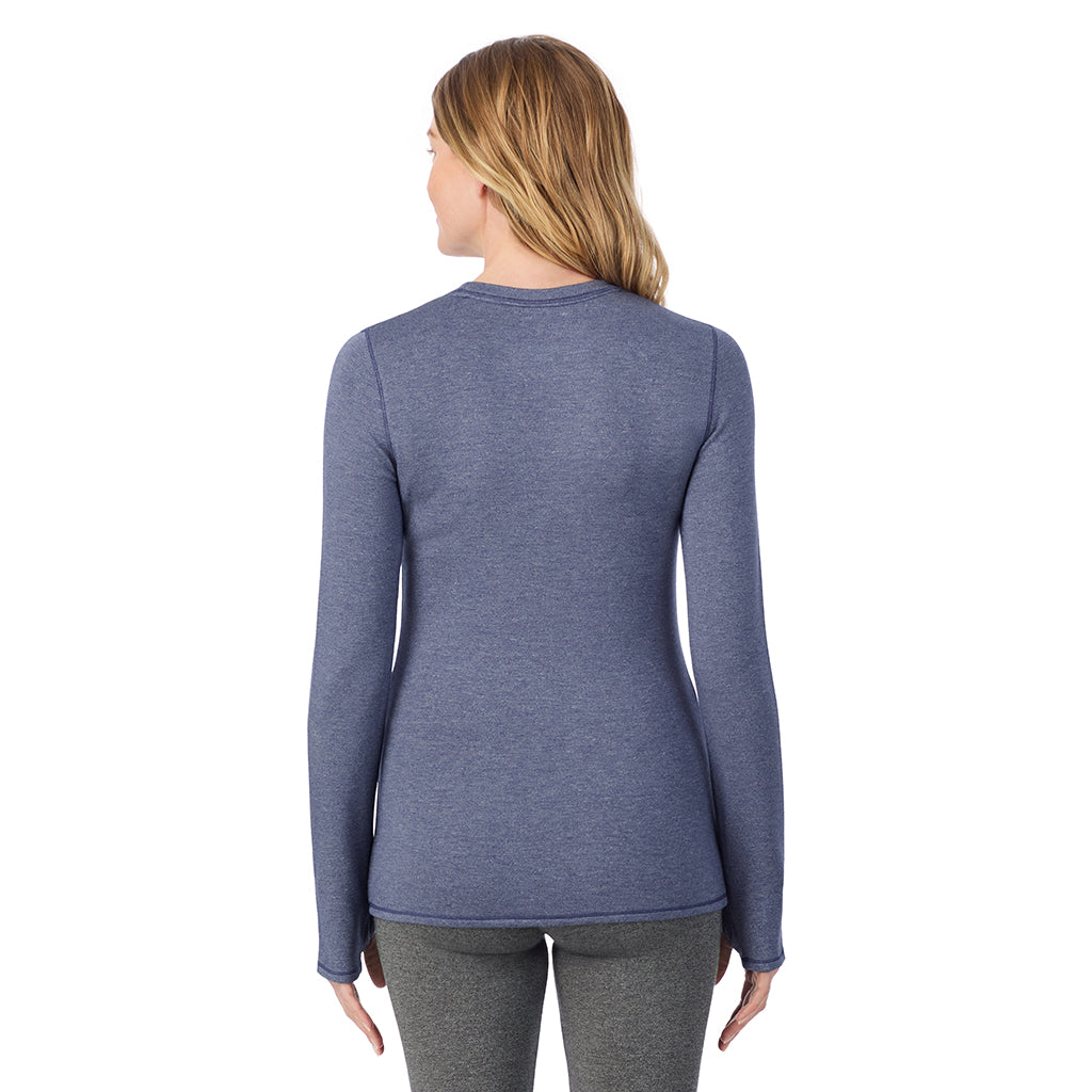 Twilight Blue Heather; Model is wearing size S. She is 5'11", Bust 33", Waist 24", Hips 34".@ A Lady is wearing Ultra Cozy Long Sleeve Crew