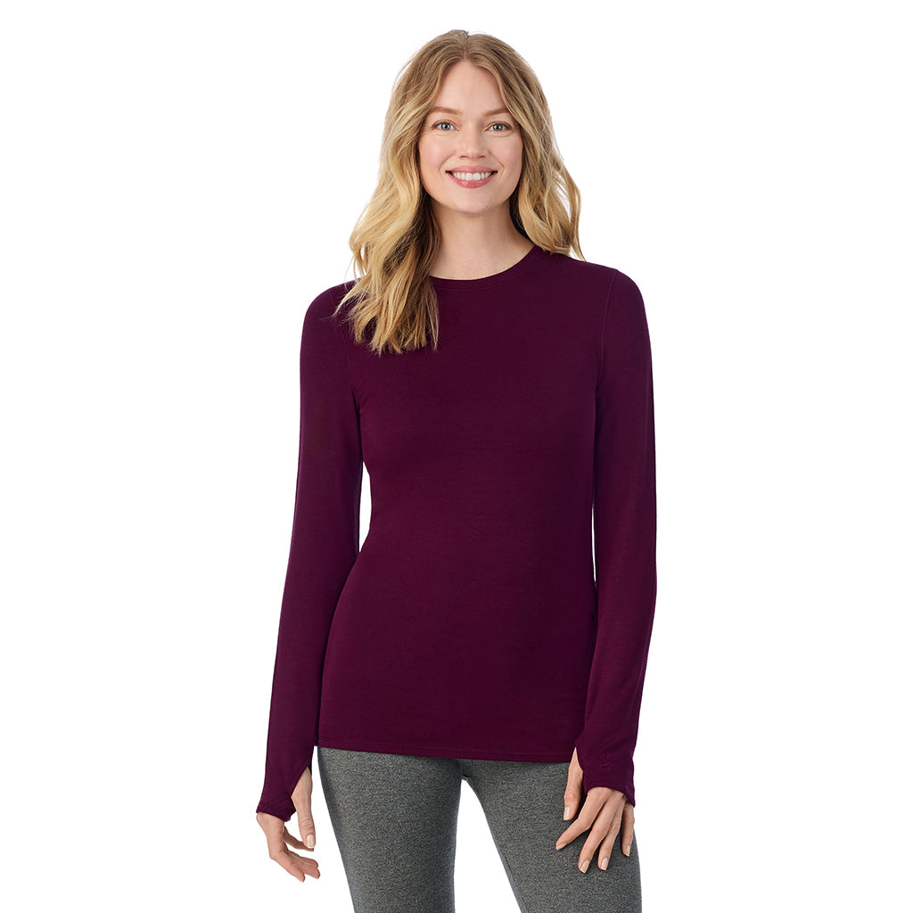 Dark Purple Heather; Model is wearing size S. She is 5'11", Bust 33", Waist 24", Hips 34".@ A Lady is wearing Ultra Cozy Long Sleeve Crew