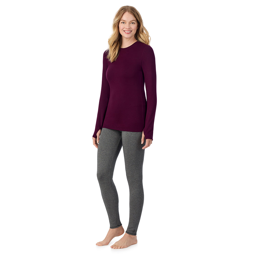 Dark Purple Heather; Model is wearing size S. She is 5'11", Bust 33", Waist 24", Hips 34".@ A Lady is wearing Ultra Cozy Long Sleeve Crew