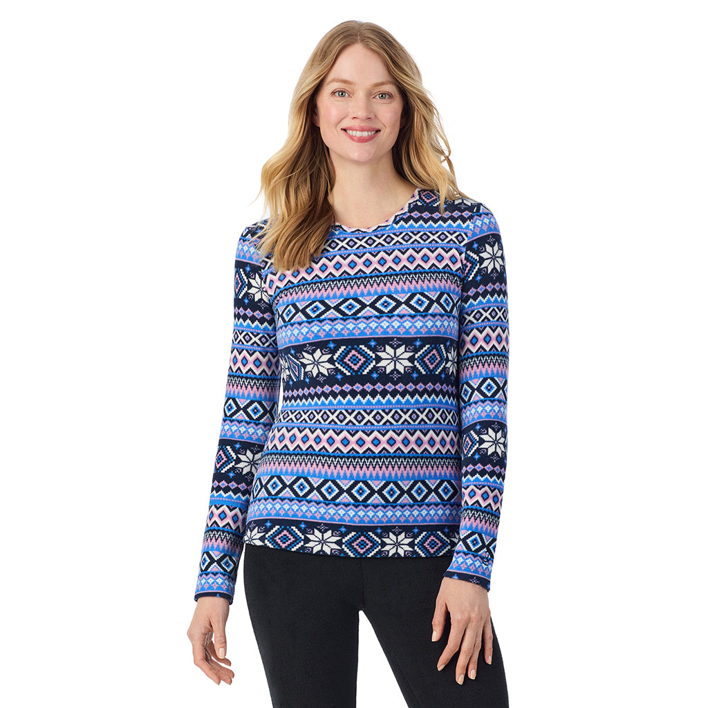 Blue Fairisle; Model is wearing size S. She is 5'11", Bust 33", Waist 24", Hips 34".@ A Lady is wearing a Blue Fairisle Fleecewear With Stretch Long Sleeve Crew TALL !94% Recycled Polyester, 6% Spandex!