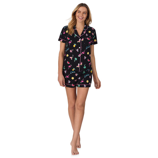 A lady wearing black Short Sleeve Notch Collar with Boxer Short pajama set with summer graphic print