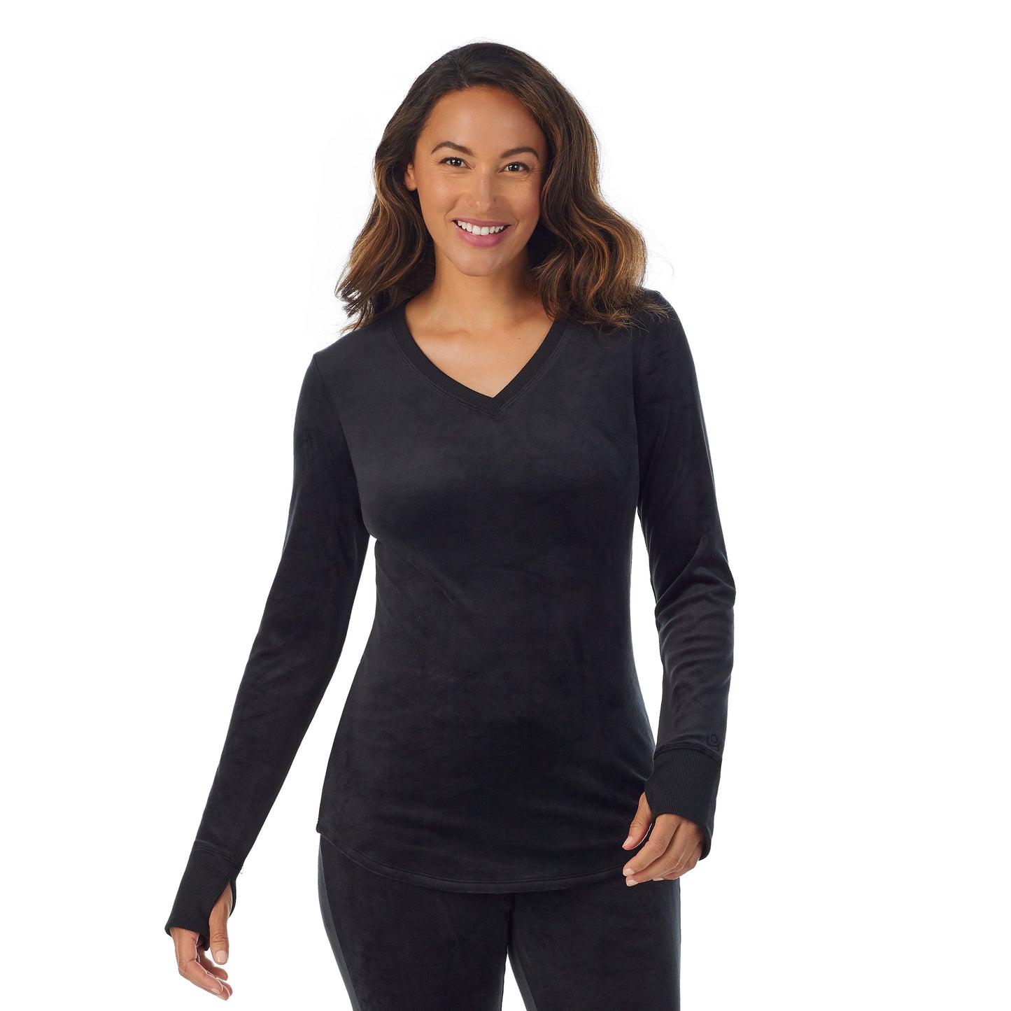 Black; Model is wearing size S. She is 5'8", Bust 34", Waist 26”, Hips 36"@A lady wearing black stretch velour long sleeve v-neck