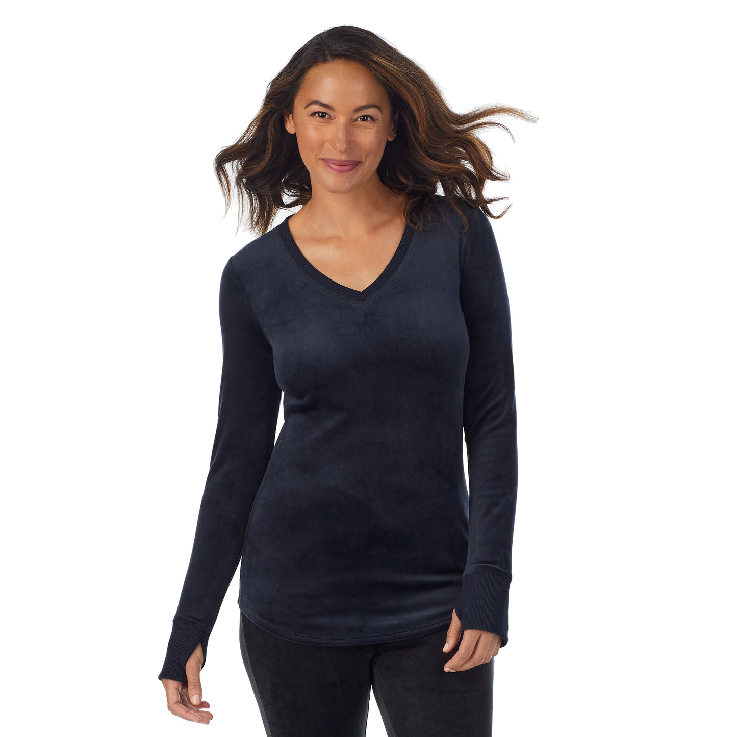 Navy Blazer; Model is wearing size S. She is 5'8", Bust 34", Waist 26”, Hips 36"@A lady wearing blue stretch velour long sleeve v-neck